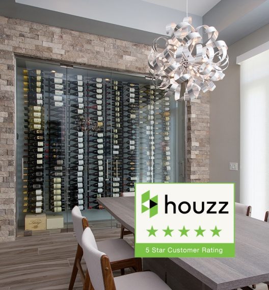 Custom wine wall with 5 star Houzz customer ranking award logo