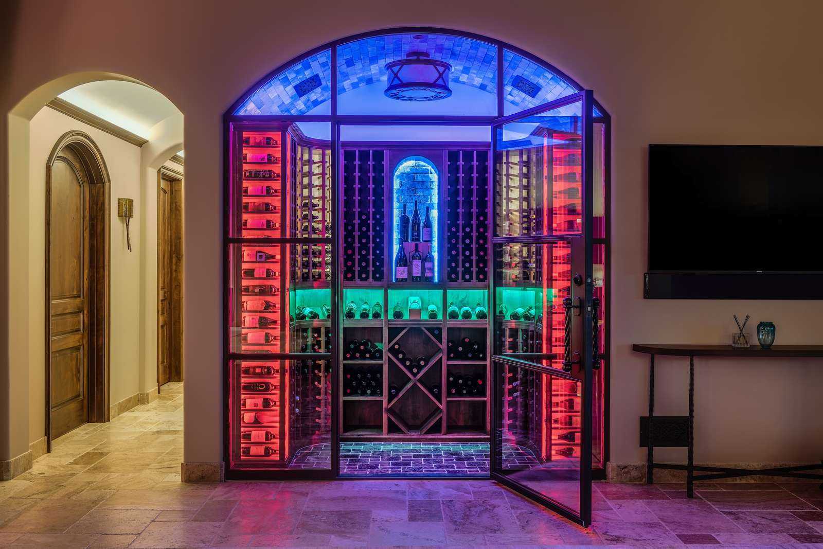 LED light lit up traditional wine cellar